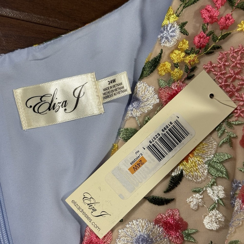 Eliza J Women's Size 24 W Floral Embroidered V Neck Puff Sleeve Mesh Dress - Picture 6 of 12